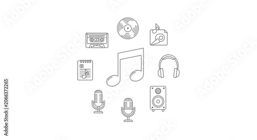 Music symbols and audio equipment icons.