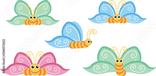 Billede på lærred Cute cartoon butterfly character vector set featuring colorful insects with pink