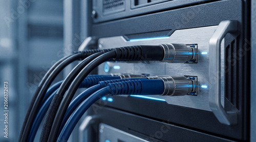 Obraz na płótnie Fiber optic cables connected to network equipment