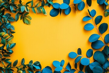 Eucalyptus leaves arranged on yellow background creating a natural frame, perfect for nature themed designs