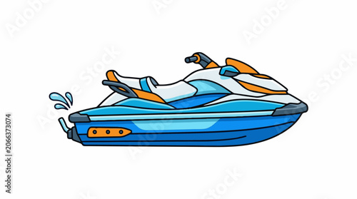 A cartoon-style illustration of a blue, white, and orange jet ski on water
