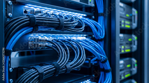 Foto Organized network cables in a modern data center