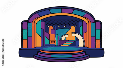 A colorful illustration of a stage with a large archway and steps