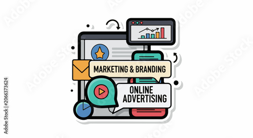 A colorful illustration of a computer screen with online advertising and marketing branding