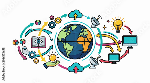 A colorful illustration of a globe surrounded by icons representing technology and communication