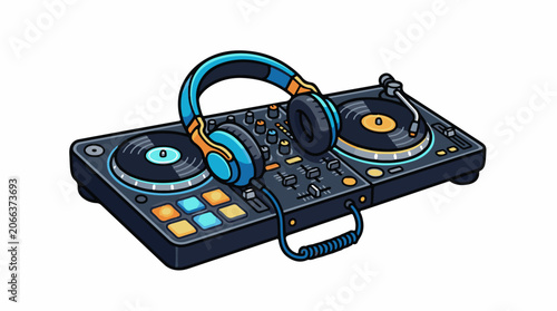A colorful DJ controller with headphones on top