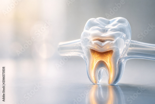 AI generated transparent tooth cross section illuminated nerve pathways showcasing detailed dental anatomy oral health education modern medical science