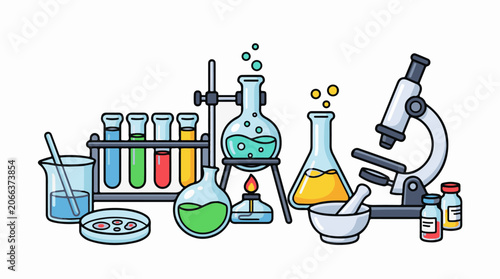A colorful cartoon illustration of various laboratory equipment and tools