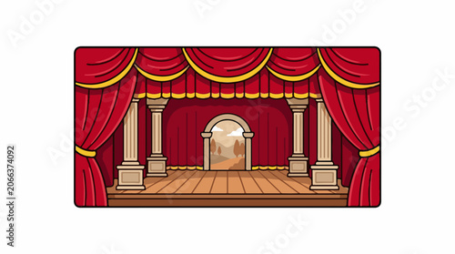 A cartoon stage with red curtains and gold accents