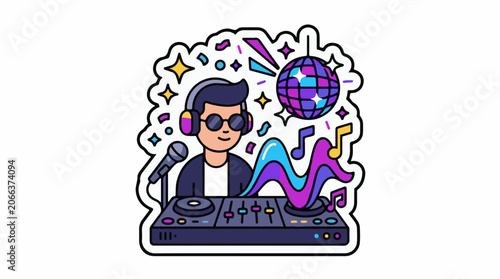 A cartoon man wearing headphones and sunglasses operates a DJ console