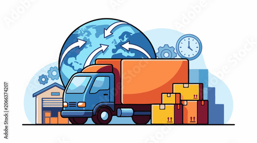 A blue truck with orange cargo and stacked boxes beside, with a warehouse and globe