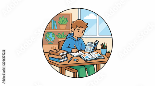 A cartoon boy studies at a desk with books and a globe