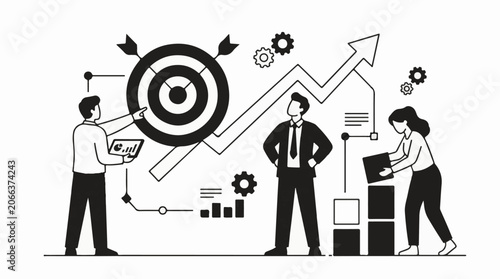 A black and white illustration of business professionals analyzing data and aiming for a target