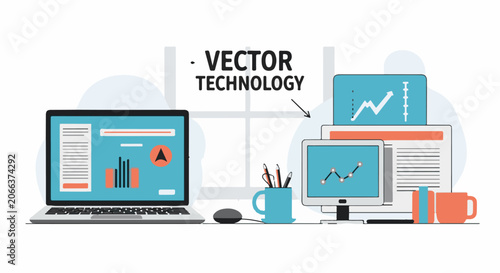 Vector illustration of office workspace with computers and technology