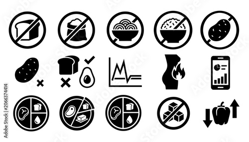 Fotografie Low Carb and Keto Diet Concept Silhouette Icon Set