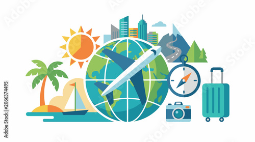 Colorful travel icons surrounding a globe with a plane