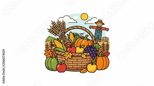 Colorful illustration of a wicker basket filled with fruits and vegetables