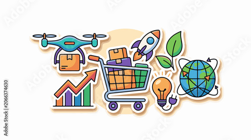 Colorful illustration of business and technology symbols