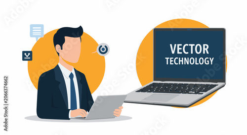 Businessman using laptop with vector technology