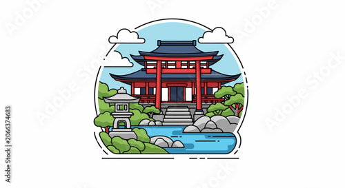 Colorful illustration of a serene Asian temple surrounded by lush greenery and a pond