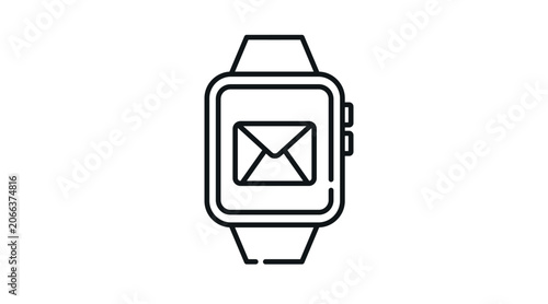Smartwatch with email notification icon: wearable smart watch displaying mail envelope symbol on screen, minimalist black line art vector illustration.