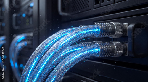 Bild auf Leinwand Bright blue fiber optic cables plugged into equipment