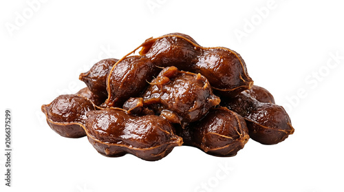 Pile of whole unpeeled tamarind pods on white background with tamarind tropical ingredient