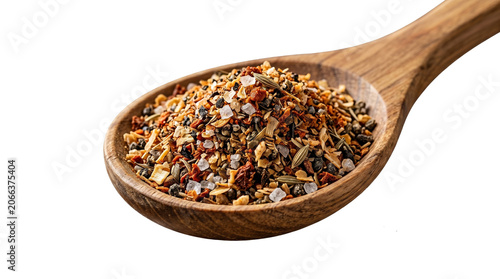 Wooden spoon filled with aromatic spices and coarse sea salt blend seasoning culinary aromatic