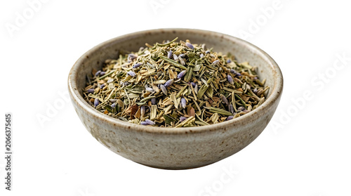 A ceramic bowl filled with an aromatic blend of dried culinary herbs and lavender
