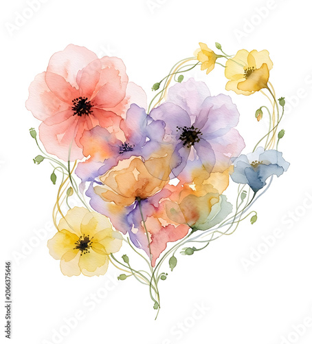 Delicate Pastel Heart Flowers With Romantic Watercolor Bloom, by generative AI technology