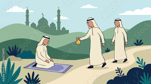 Vászonkép Islamic charity and prayer illustration with men in traditional attire outdoors