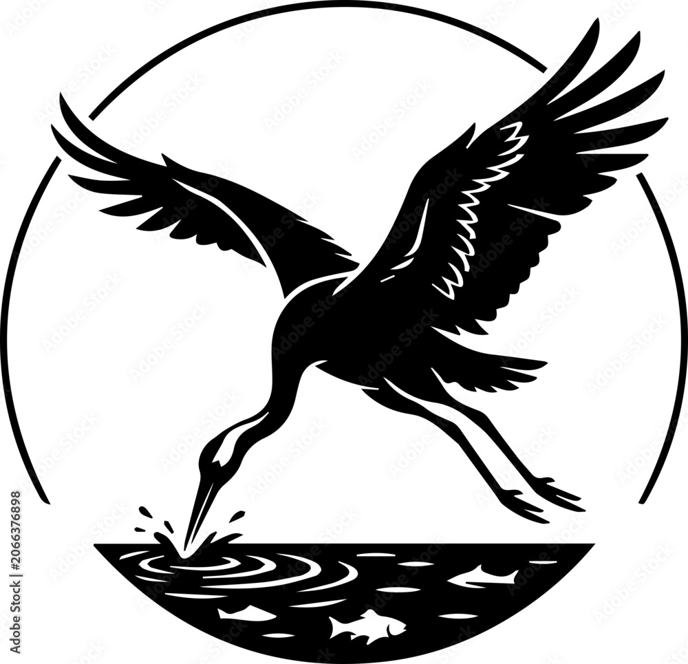 Fototapeta premium single black crane hunting a fish icon, wings open silhouette