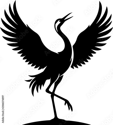 single black crane dancing icon, wings open silhouette