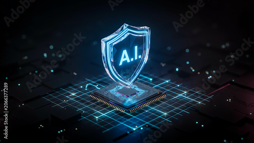 Artificial intelligence cybersecurity shield protecting digital network infrastructure