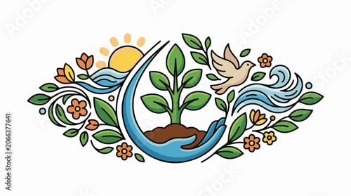 A colorful illustration of a plant growing from soil, surrounded by a wave, flowers, leaves, a bird, and a sun