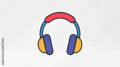 A colorful illustration of headphones with blue, red, purple, and yellow parts