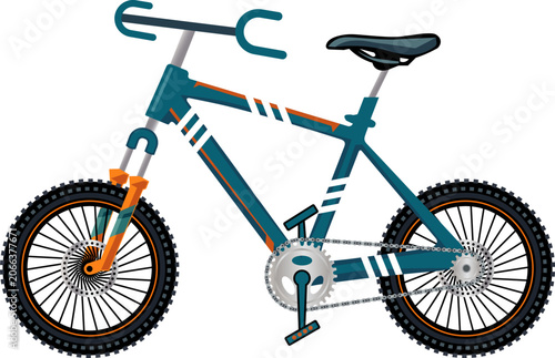 Kids Mountain Bike Vector Illustration, Blue and Orange Children Bicycle with Knobby Tires and Suspension Fork, Toy and Sports Graphic Element
