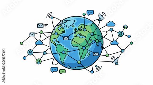 A colorful illustration of the Earth surrounded by interconnected network symbols