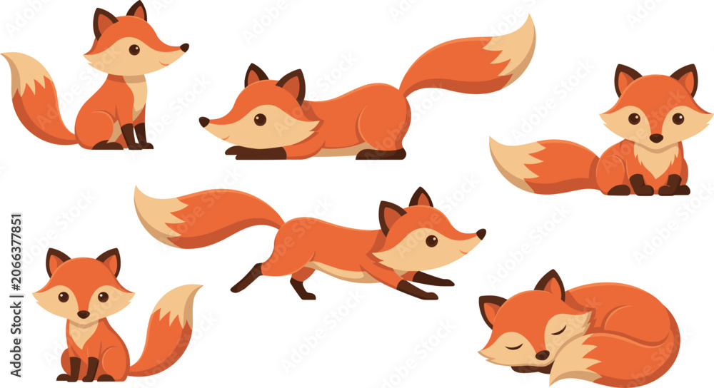 Fototapeta premium Cute cartoon red fox vector character set featuring multi-pose woodland animals sitting lying running sleeping and jumping isolated on white background