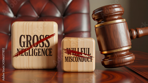 Gross negligence and willful misconduct legal concept with gavel in courtroom