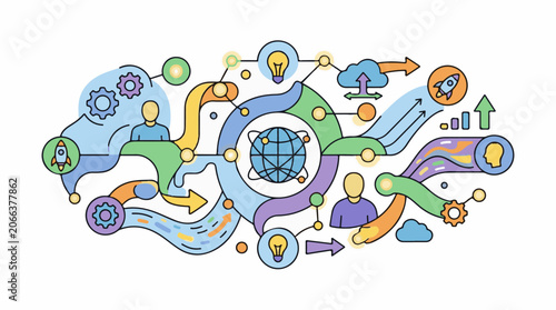 A colorful infographic featuring interconnected icons and symbols
