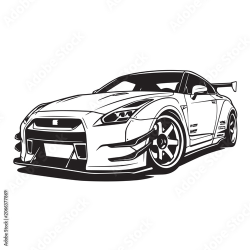 Black and white line art illustration of a modified sports car.