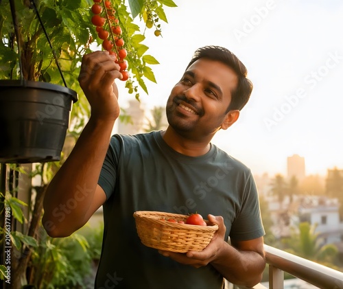 Man harvesting red chili peppers balcony.
