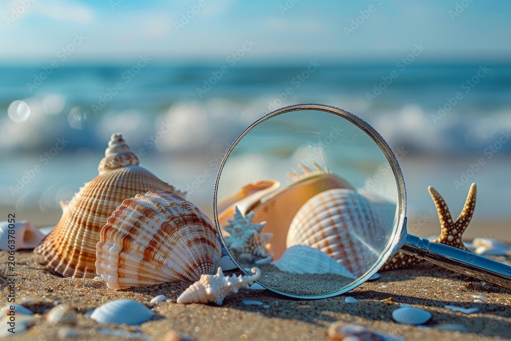 Fototapeta premium Seashells and magnifying glass on sandy beach by the ocean