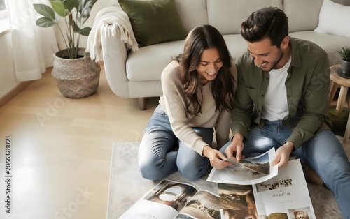 Couple sitting on floor looking magazine.