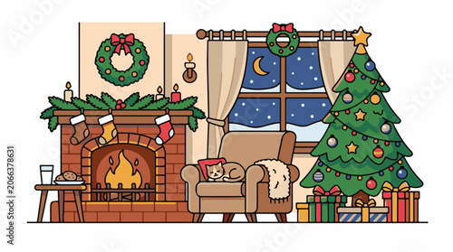 A cozy living room with a fireplace, Christmas tree, and cat on a chair