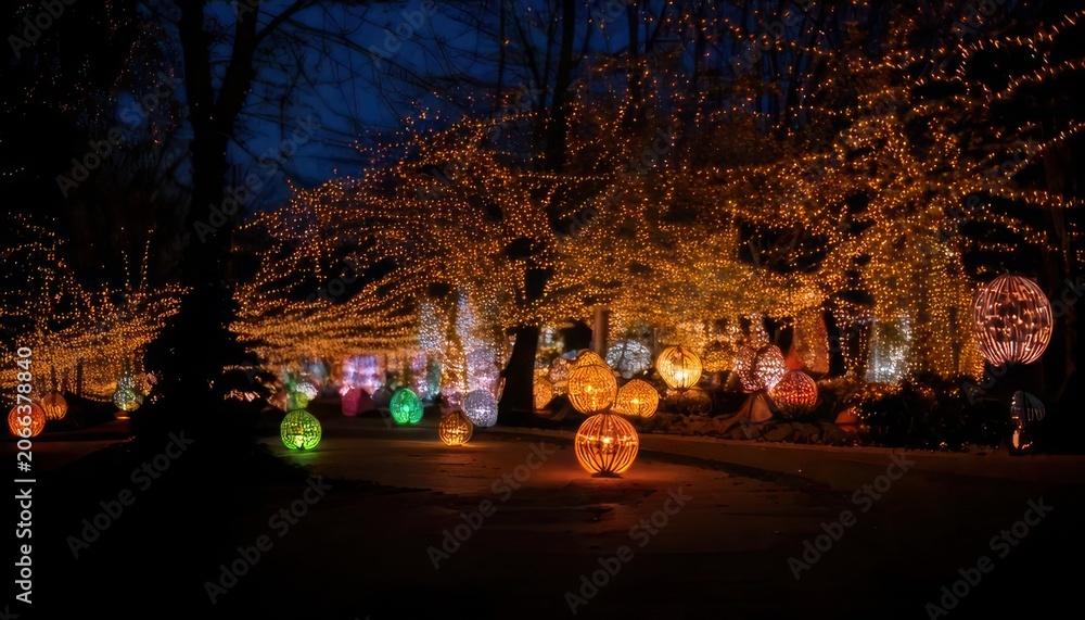 Obraz premium Magical Nighttime Forest Illuminated by Glowing Orbs and String Lights.