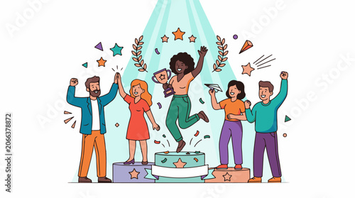 A diverse group of people celebrating on podiums with confetti and stars