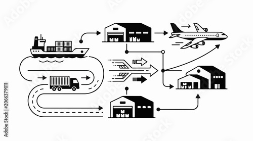 A flowchart depicting transportation and storage of goods through various modes