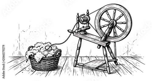 Fotografía Vintage spinning wheel with wool basket vector illustration, antique wooden spin